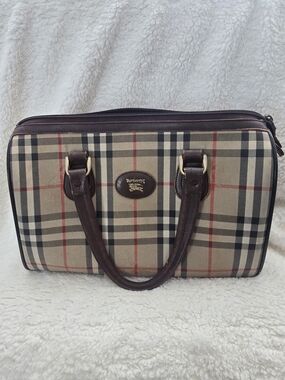 Burberry Classic Check Brown Leather Trim Carry Bag